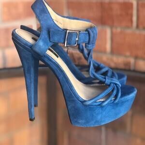 Rachel Zoe Blue Faux Suede Platform Sandals with Silver Buckle Size 7.5